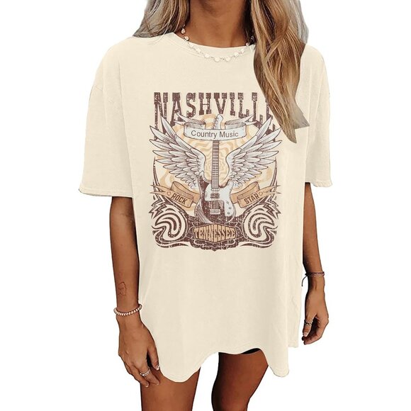 🆕 Women Cream Nashville Country Concert Vintage Graphic Tee Oversized T Shirts - Picture 1 of 5